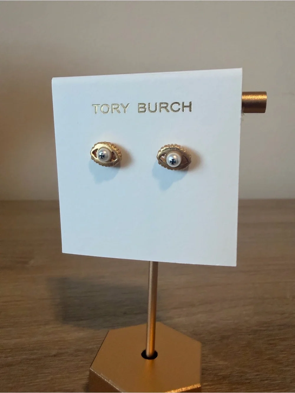 Tory Burch Gold Eye Faux Pearl Stud Earrings New